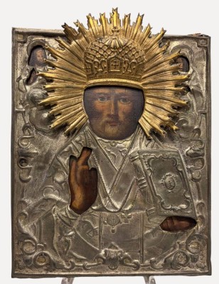 Auktion 375<br>kl. Ikone mit Metall Oklad, tw. vergoldet, auf Holzplatte, 19x14 cm [1]