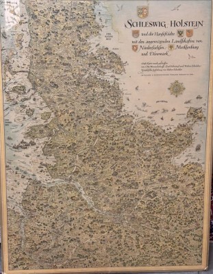 Auktion 375<br>gr. Landkarte SCHLESWIG HOLSTEIN und die Hanfestädte, auf Platte gezogen, 103x78 cm, Kleberest links oben [1]