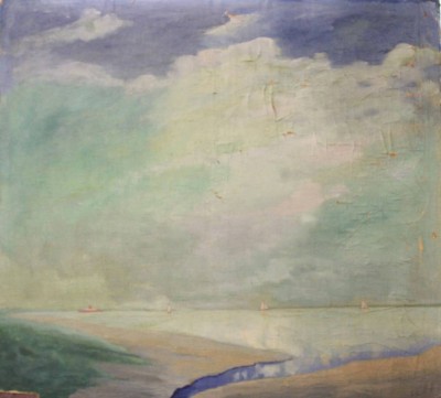 Auktion 375<br>Landschaft, monogrammiert E.C. wohl Emile CLAUS (1849-1924) ? , verso div Etiketten etc. , Öl/Leinwand ungerahmt, stark restau bedürftig, va. 92 x 99cm, Sperrgutversand! [1]