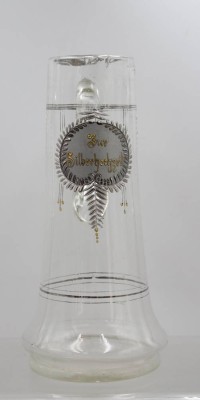 Auktion 375<br>hoher Schenkkrug um 1900, Zur Silberhochzeit, Emaillemalerei berieben, ca. H-27,5cm [1]