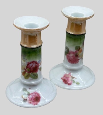 Auktion 375<br>Paar Kerzenleuchter um 1920 mit Rosendekor, H-12 cm [1]