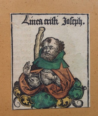 Auktion 375<br>handkolorierter historischer Holzschnitt aus der Schedelschen Weltchronik (Liber Chronicarum) von 1493, gedruckt bei Anton Koberger in Nürnberg, aus der Zeit ?, gerahmt/Glas, RG 23 x 18cm, MG 9 x 7,5cm [1]