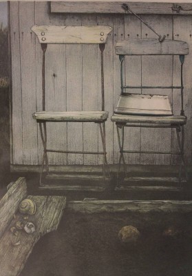 Auktion 375<br>Rainer Müller (1965), Gartenstühle, Radierung, Nr. 8/50, gerahmt/Glas, RG 70 x 50cm, Glas bei Versand nicht versichert. [1]