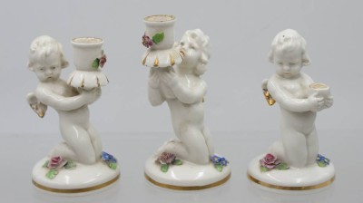 Auktion 375<br>3x figürliche Leuchter, Schierholz, 1x Tülle defekt, ca. H- 12cm, Gebrauchsspuren [1]