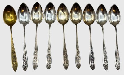 Auktion 375<br>8x Zier Teelöffel, versilbert, und einmal vergoldet, L-11 cm [1]