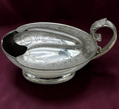 Auktion 375<br>Sammlungsauflösung, antiker Löffelwärmer, versilbert, Walker & Hall Sheffield, ca. H-12cm L-19,5cm [1]