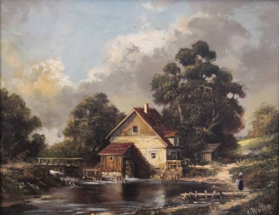 Auktion 375<br>C.Wille o.ä., Wassermühle, Öl/Holz, gerahmt, RG 34,5 x 40,5cm [1]