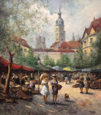 Auktion 375<br>Christian JERECZEK (1935-2013),  Münchner Viktualienmarkt, Öl/Leinwand, gerahmt, RG 88 x 78,5cm, Sperrgutversand [1]
