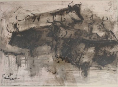 Auktion 375<br>unlerserl, signiertes Aquarell, Stiere, gut gerahmt/Glas, RG 80 x 97,5cm, Sperrgutversand! [1]
