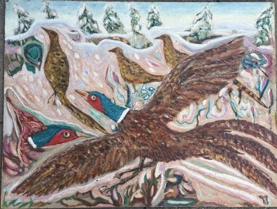 Auktion 375<br>Günter Rietschel, Worpswede (1925-2006) , Vögel im Winter, Öl/Malfaser,  49x65 cm [1]