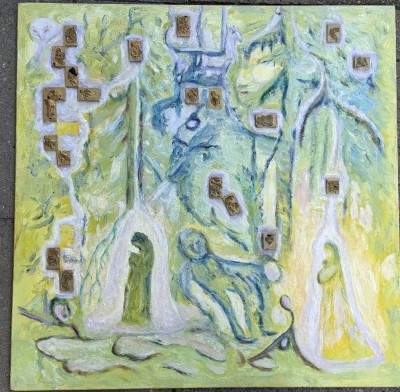 Auktion 375<br>Günter Rietschel, Worpswede (1925-2006) , Traumszene als Collage, Öl/Holz, nicht signiert, aber aus Nachlass, 59x59 cm [1]