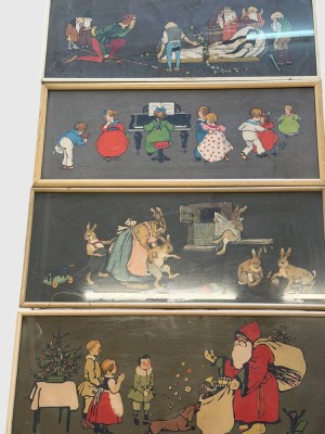 Auktion 375<br>4x vintage Kunstdrucke/Lithografien, Kinder- und Märchenmotive, ger/Glas, RG ca. 31x75 cm, Weihnachstmotiv wasserrandig unten links [1]