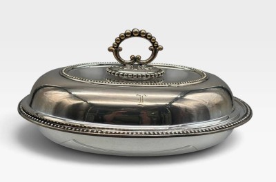 Auktion 375<br>Sammlungsauflösung, antike Servierschale, Mappin & Webb,  3tlg, ca. H-11,5cm B-26cm, Versilberung erneuert [1]