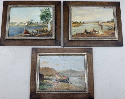 Auktion 375<br>Essedi, 3 kl. Gemälde mit  Landschaftsmotiven mit Figuren, wohl Italien, alle gerahmt, RG je 24y19,5 cm [1]