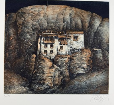 Auktion 375<br>Jörg SCHMEISSER (1942-2012), detailreiche  Aquatinta-Radierung , 1985, die vermutlich ein Motiv aus seiner Ladakh-Reise zeigt. Nr. 89/200, BG 45x40 cm [1]