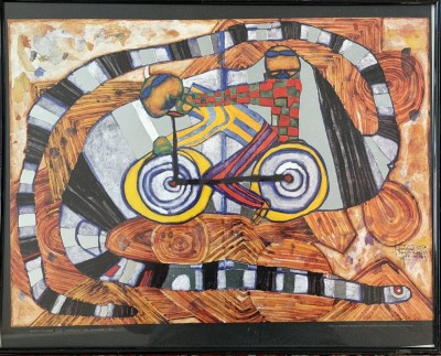 Auktion 375<br>„DADAKULACI - Laticauda Colubrina“ (Oeuvre 956) von Friedensreich Hundertwasser aus dem Jahr 1994 , Seeschlange betitelt, Grafik, ger/Glas, RG ca. 40x50 cm [1]