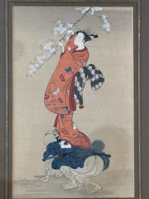 Auktion 375<br>japanisches Aquarell, Frau mit Kirschblütenzweig, ger/Glas, RG 44x32 cm [1]