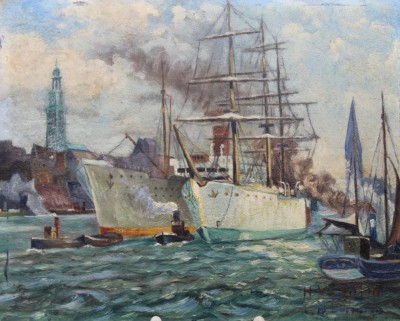 Auktion 376<br>H.Valentin o.ä., Hafenszene, Öl/Hartfaser, ungerahmt, 24,8 x 31,3cm [1]