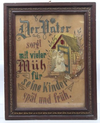 Auktion 376<br>Stickbild bzw. Hausspruch  um 1900, gerahmt/Glas, RG 48 x 38cm [1]