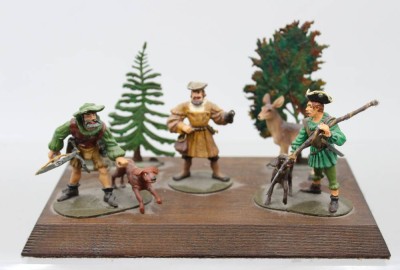 Auktion 376<br>Zinnfiguren auf Platte, bemalt, Jagdszene, Platte ca. 12 x 19cm [1]