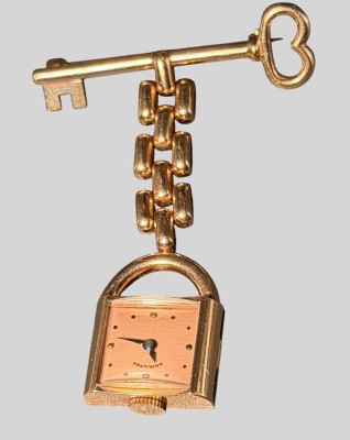 Auktion 376<br>Vintage-Hamilton-Uhr Gold-585, in Form eines Vorhängeschlosses mit einer passenden Schlüsselbrosche, sogen. Schwestern-Uhr?, Schlüsselloch mit 2 Diamanten, Werk läuft, zus. 14,28 gr, Uhrwerk ca. 2 gramm [1]