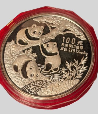 Auktion 376<br>gr. Silbermünze-999-100 Yüan, Panda, 12 Unzen (373,25 gr.), 1992, in orig. Holzkasten, [1]
