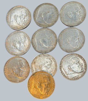 Auktion 376<br>10x  2 Reichsmark, 3.Reich, Hindenburg, Silber, ca. 80 gr [1]