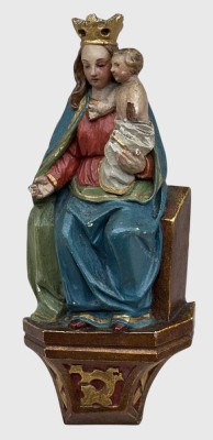 Auktion 376<br>Wandfigur , Madonna mit Kind, farbig gefasst, bei Kind Hand beschädigt/Fehlteil, H-21,5 cm, wohl 18/19.Jhd [1]