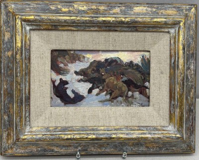 Auktion 376<br>unleserl. signiert (Jungl...)  Wildschweinhatz, Öl/Karton, gerahmt, RG 24x31,5 cm, verso Skizze [1]