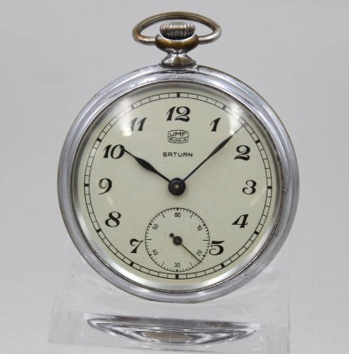 Auktion 376<br>vintage mechanische Taschenuhr, UMF Ruhla, Modell „Saturn“, Werk läuft, Gebrauchsspuren, ca. D-4,2cm [1]