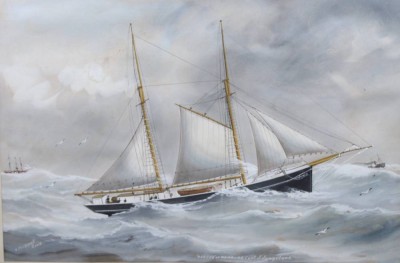 Auktion 376<br>Reuben CHAPPELL OF GOOLE (1870-1940), Rescue of  Hamburg Cpt. J. Jungclaus, Aquarell, restau. bedürftig, ger./Glas, RG 63 x 78cm, Sperrgutversand! [1]