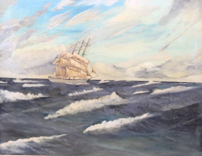 Auktion 376<br>W. Müller '75, Segler in stürmischer See, Öl/Leinwand, restau. bedürftig, gerahmt, RG 47  x 57cm [1]