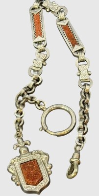 Auktion 376<br>versilberte Uhrenkette mit Goldfluss, Wappenanhänger, L-ca. 28 cm [1]