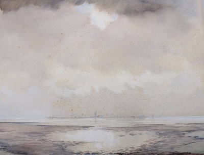 Auktion 376<br>Erich BRODKORB (1896-1968), Wattenmeer mit Blick auf Insel Neuwerk, Aquarell, ungerahmt Blatt stockfleckig, BG ca. 30 x 40cm [1]