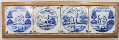 Auktion 376<br>gerahmter 4er-Satz antiker Delfter bzw. friesischer Bibelfliesen, ca. 18./19. Jahrhundert, Altersspuren, RG ca. 17 x 52cm [1]