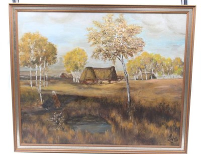 Auktion 376<br>LS monogrammiert wohl Luise Schöffel, Norddt. Landschaft mit Kate, Öl/Hartfaser, gerahmt, RG 56 x 66cm [1]