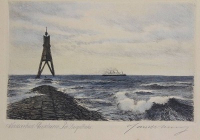 Auktion 376<br>unleserl. signierte Farbradierung, Cuxhaven, Kugelbake, ger./Glas, Rahmen beschädigt, RG 27 x 34cm [1]
