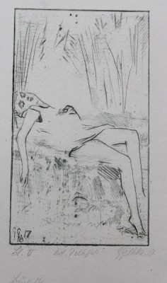 Auktion 376<br>unleserl. signierte Radierung, datiert 1917, liegendes junges Mädchen, ungerahmt, BG 22 x 19cm [1]