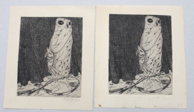 Auktion 376<br>2x Willi Geiger (1878-1971), Eule, Radierungen, 1x signiert, 1x Blatt mit Altersspuren, je ungerahmt, ca. BG 16 x 13cm [1]