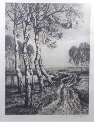 Auktion 376<br>gr.  Original-Radierung „Birken am Bach“, Georg Fritz (1894-1967), gut gerahmt/Glas, RG 75 x 54cm [1]