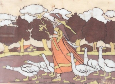 Auktion 376<br>Bärbel Özdemir, Batikarbeit, Gänsemagd, gerahmt/Glas, RG 41 x 51cm [1]