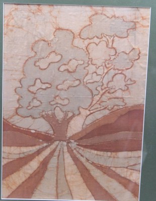 Auktion 376<br>wohl Bärbel Özdemir, Batikarbeit, Landschaft, ger./Glas, RG 55 x 45cm [1]