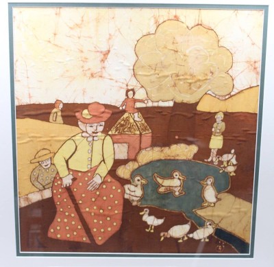 Auktion 376<br>Bärbel Özdemir, Batikarbeit, Landschaft m. Personen, ger./Glas, RG 64 x 60cm, Sperrgutversand! [1]
