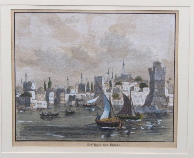 Auktion 376<br>Kupferstich, Der Hafen von Rhodos, ger./Glas, RG 26 x 32cm MG 9,5 x 11cm [1]