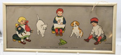 Auktion 376<br>„Der Eindringling“, Kinderbuch-Illustratorin Gertrud Caspari (1873-1948), Blatt leider Wasserrandig, alt gerahmt/Glas, RG 19,5 x 42cm [1]