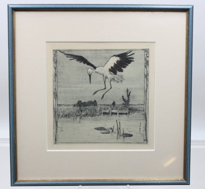 Auktion 376<br>Heinrich Vogeler (1872-1942), Storch überm Weiher von 1899, Radierung, Teil der Mappe „An den Frühling“, nur in Platte monogrammiert, ger/Glas, ca. RG 28 x 28cm [1]
