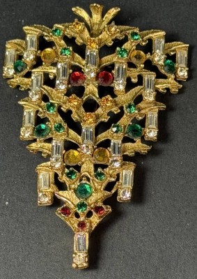 Auktion 376<br>gr. Strass-Brosche,  goldfarben mit Farbsteinen, 8x5 cm [1]