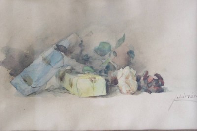 Auktion 376<br>Fehérvári  o.ä., Stilleben, Aquarell, wohl um 1900, ger./Glas, Blatt mit Altersspuren, RG 38 x 57cm [1]