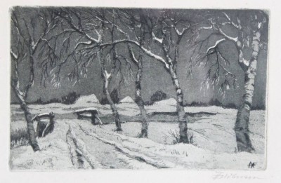 Auktion 376<br>Anna Feldhusen (1867-1951), Winterlandschaft mit Birkenallee, Radierung, alt ger./Glas, RG 17 x 21cm [1]