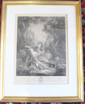 Auktion 376<br>„Le Goûter de l’Automne“ (Das herbstliche Picknick), Stich, René Gaillard (um 1719-1790), gut ger./Glas, RG 77 x 61cm [1]